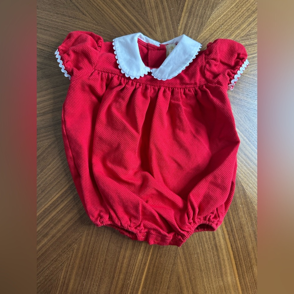 Beaufort Bonnet Red Baby Christmas Holiday Romper Bubble with Scalloped Collar